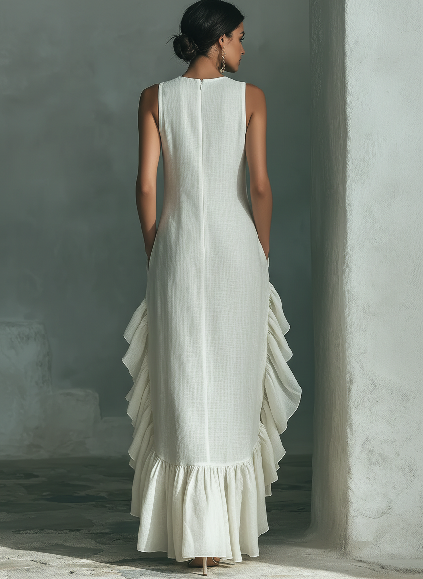 Robe maxi sans manches en lin couleur ivoire avec col rond et franges MDZ0973B9T