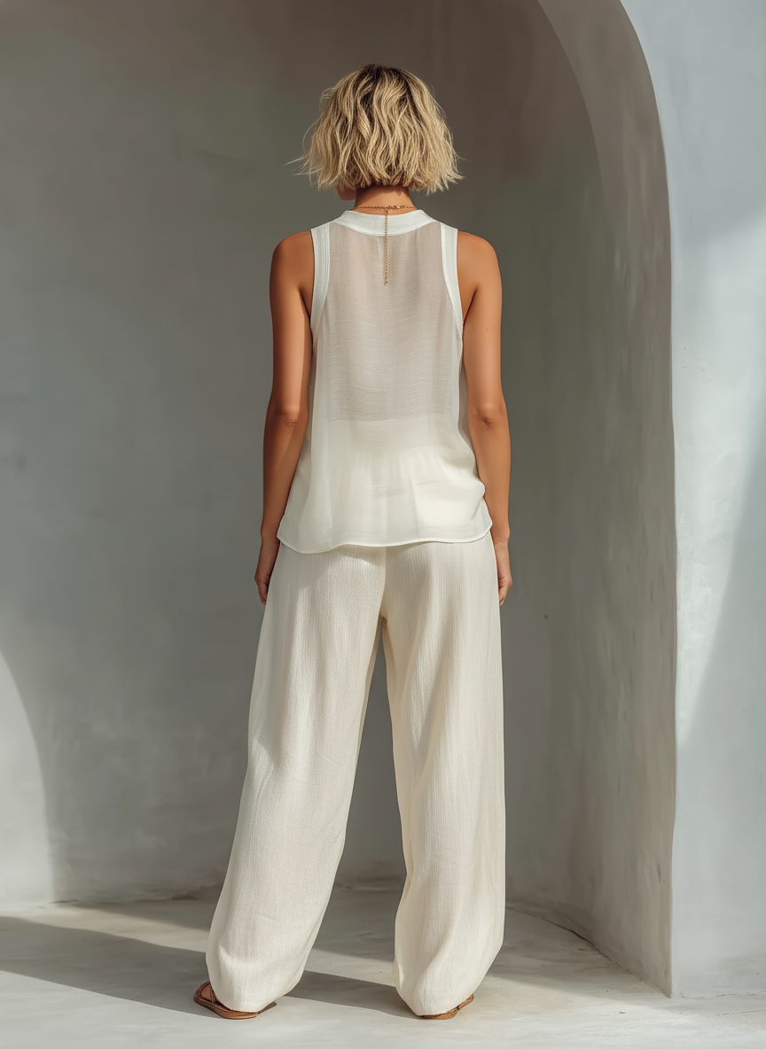 Ensemble deux pièces pour femmes en couleur crème avec un top sans manches en soie transparente et une jupe ample en tissu de coton et lin MDZ1039C4T