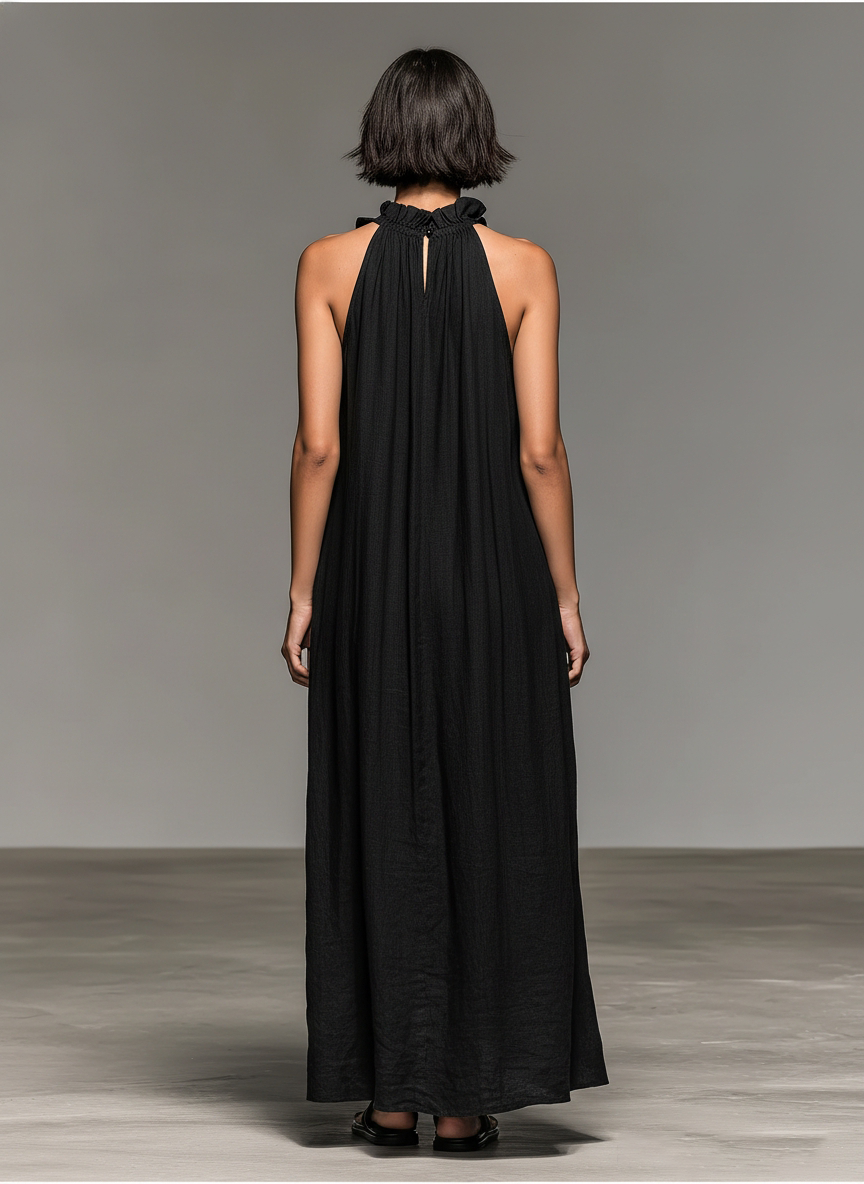 Robes maxi sans manches en lin minimaliste avec des détails en dentelle