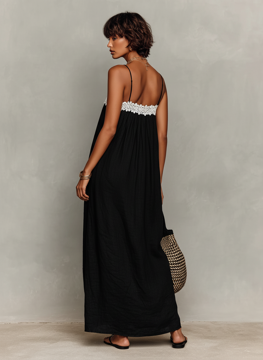 Robe maxi pour femmes minimaliste en lin avec des panneaux en dentelle sans bretelles et bretelles spaghetti MDZ1926C9Y