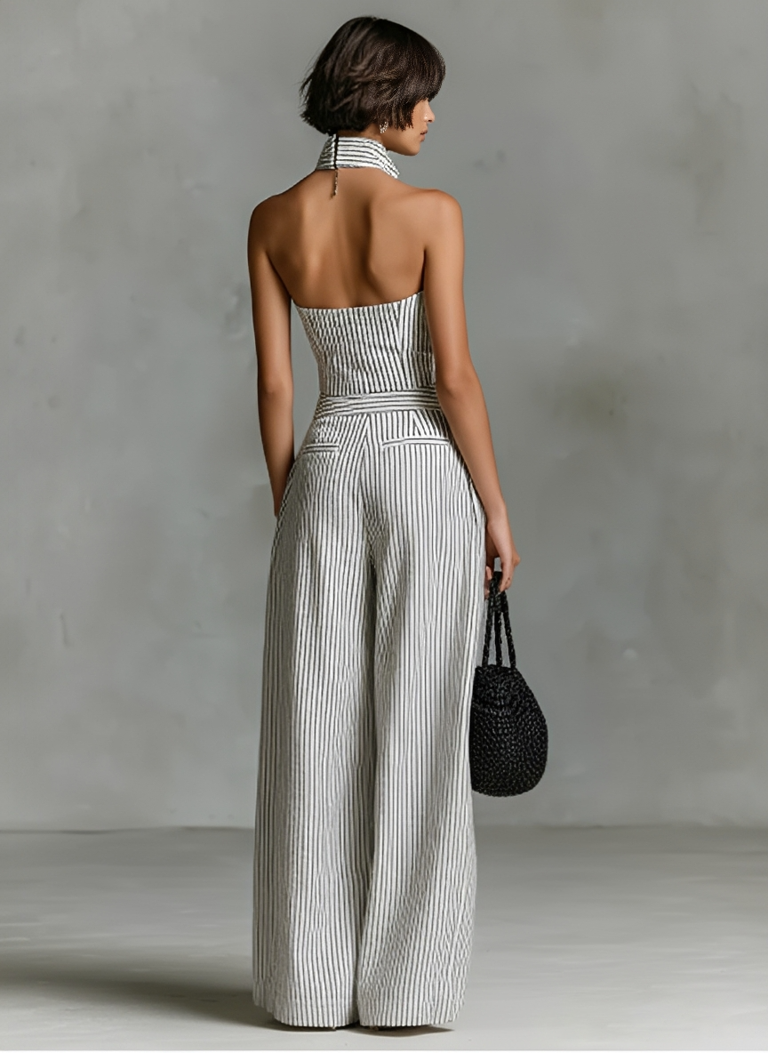 Ensemble minimaliste pour femmes avec rayures en lin sans manches avec une fermeture MDZ1950C7Y