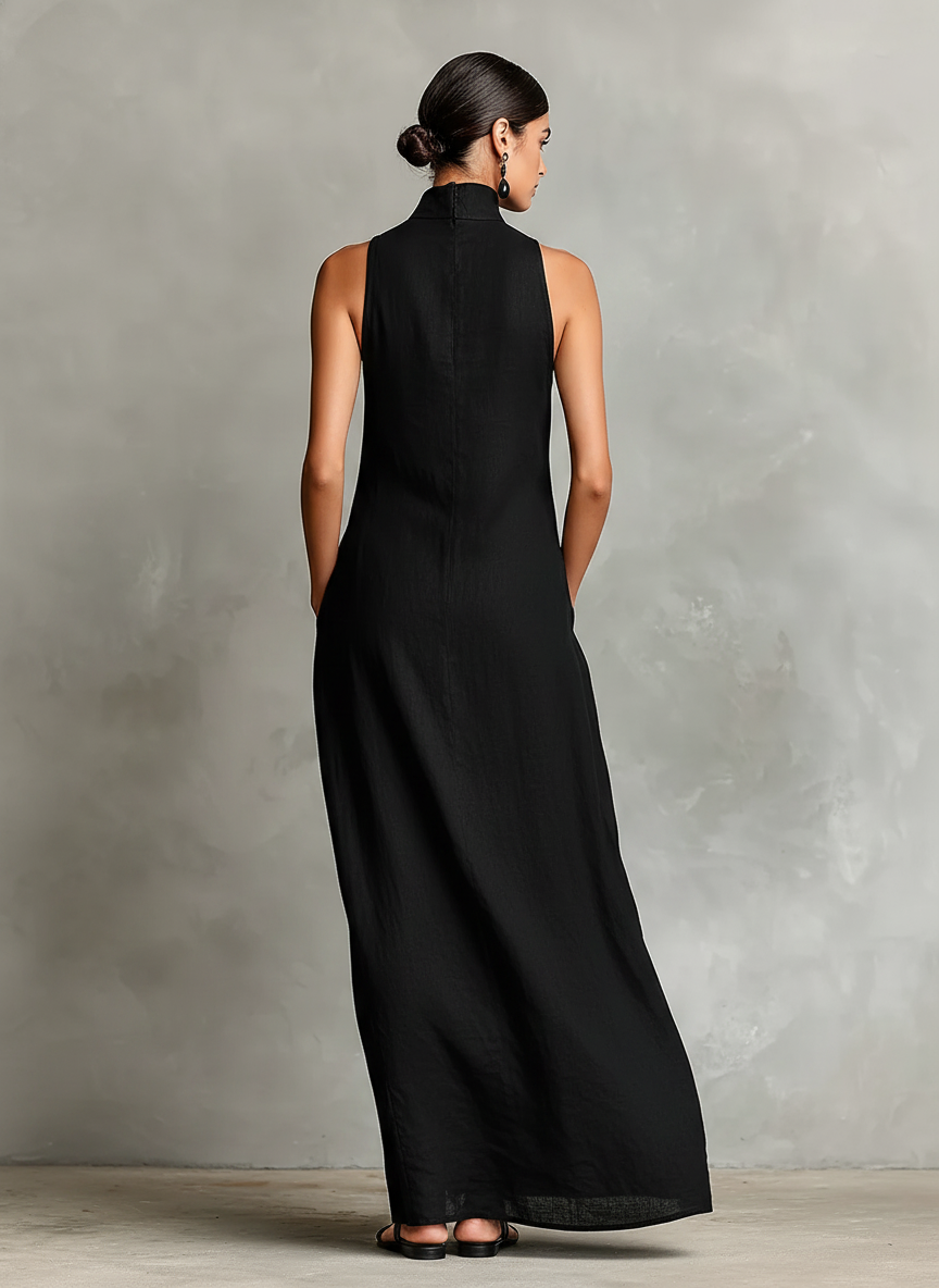 Robe maxi pour femmes en noir avec col haut et poches latérales, robe minimaliste classique MDZ2597D7LYL