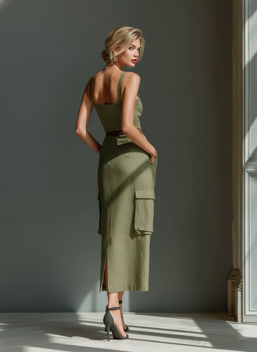 Robe mi-longue pour femmes en vert olive en lin sans manches avec poches cargo et taille avec ceinture MDZ2753A1T