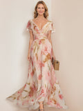 Robes avec décolleté en V et manches courtes imprimées florales avec volants