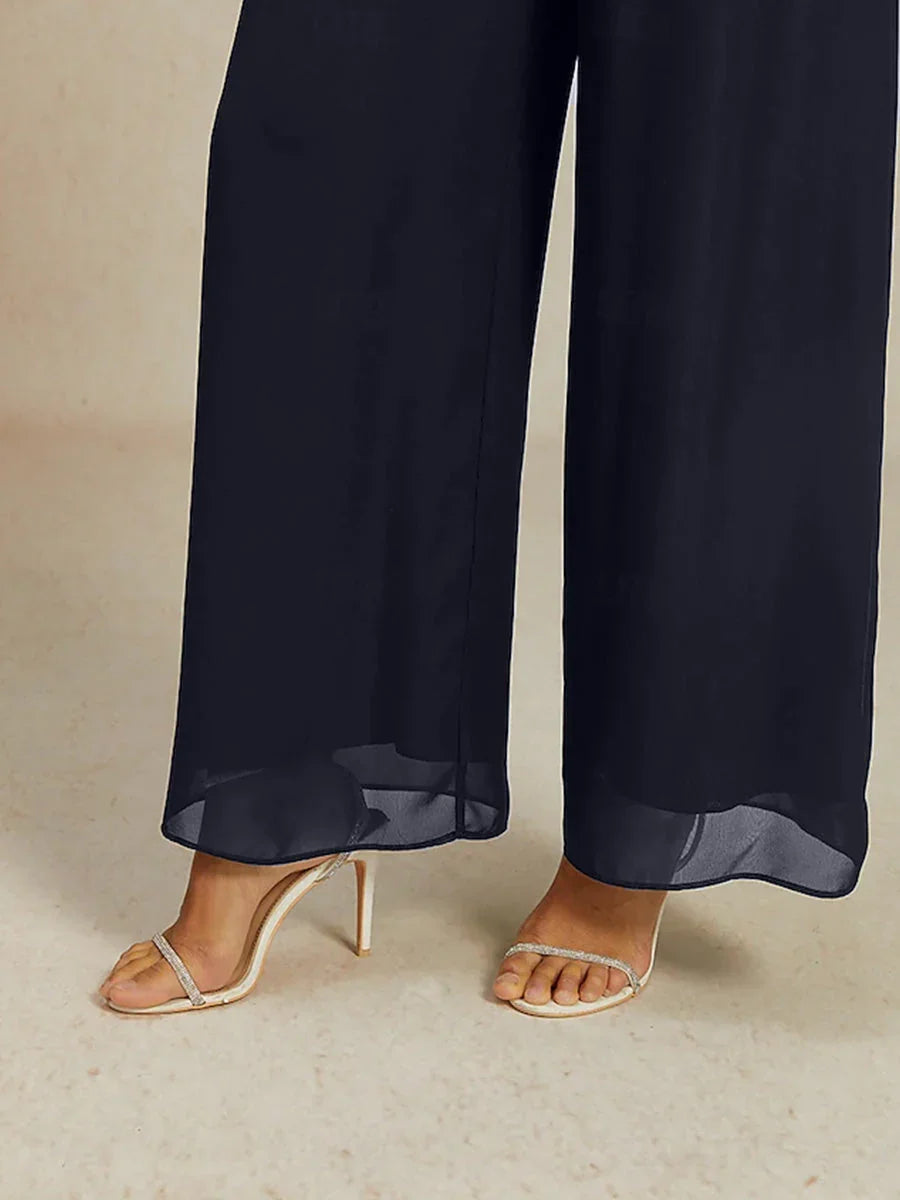Pantalon en chiffon à jambe large avec taille élastique à hauteur moyenne