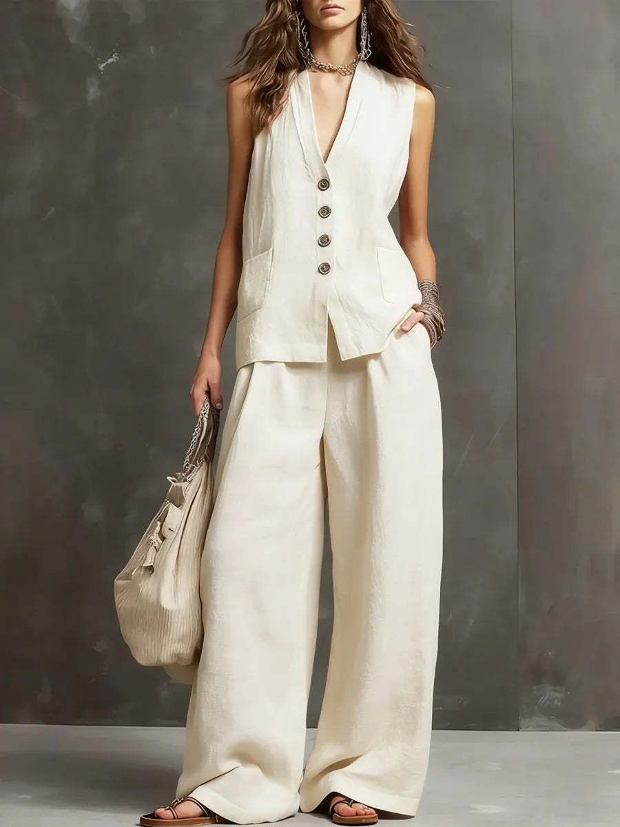 Ensemble de deux pièces en coton et lin avec veste sans manches et pantalons larges