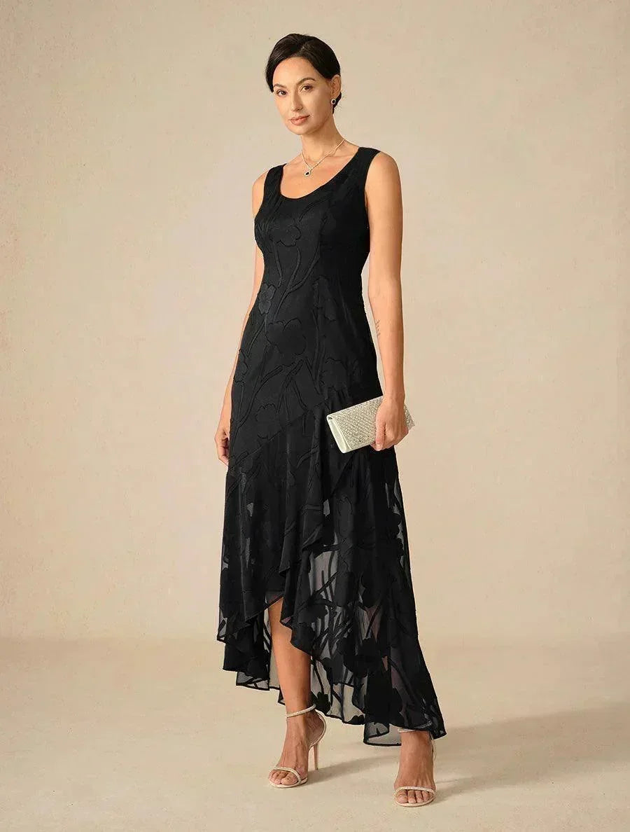 Robes de soirée sans manches en chiffon floral avec des ourlets asymétriques