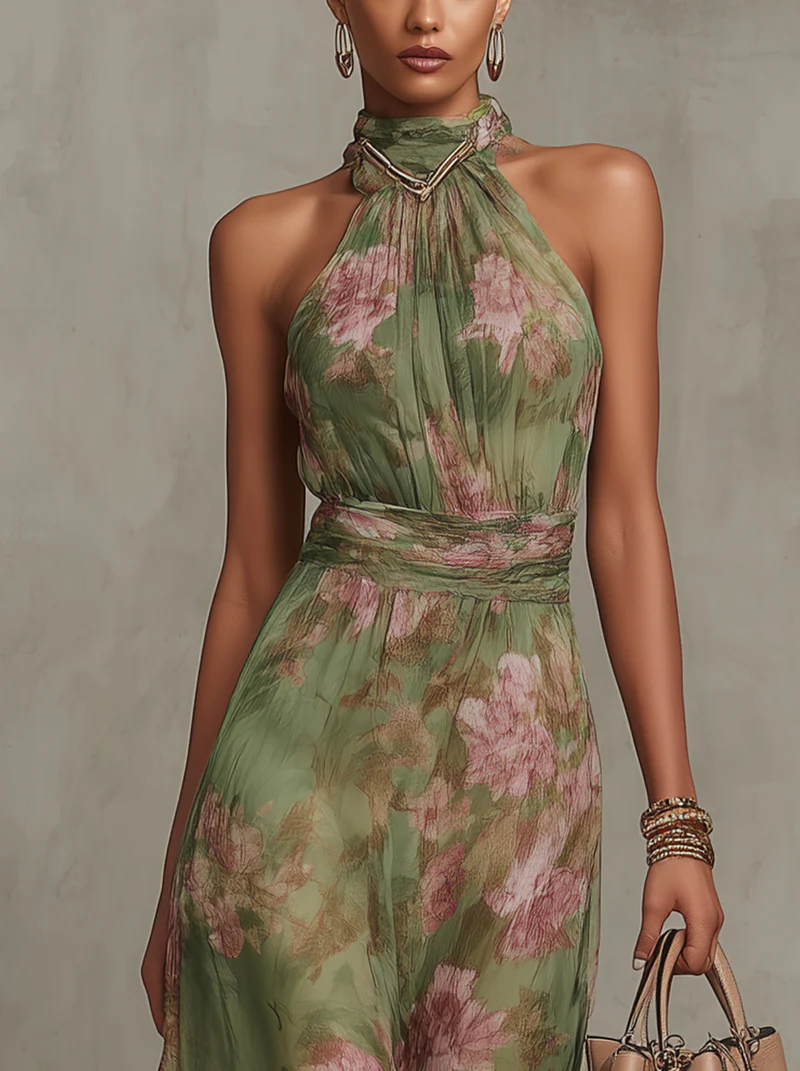Sérna ∙ Robe maxi verte avec fleurs en soie et décolleté américain