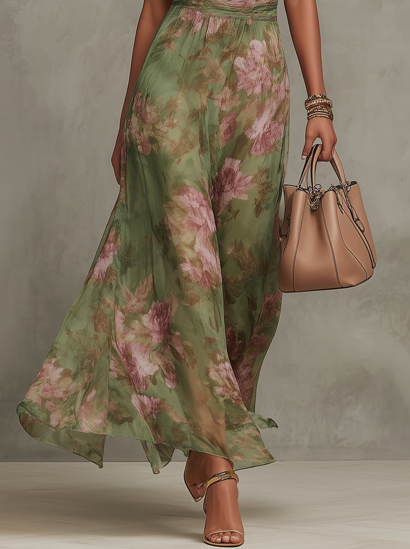 Sérna ∙ Robe maxi verte avec fleurs en soie et décolleté américain