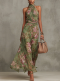 Sérna ∙ Robe maxi verte avec fleurs en soie et décolleté américain
