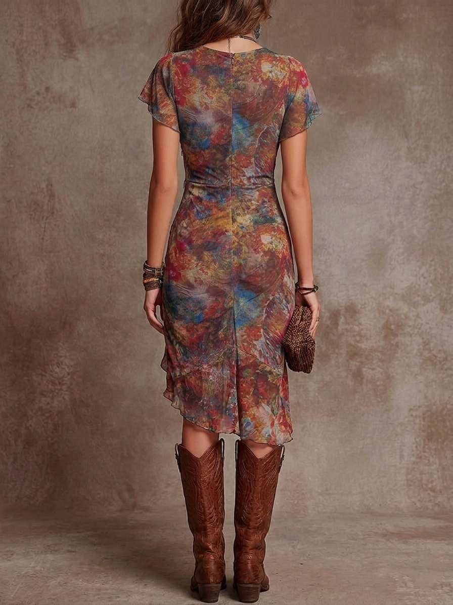 Martina - Robe midi plisettée avec col en V, avec un imprimé artistique abstrait dans un style bohème
