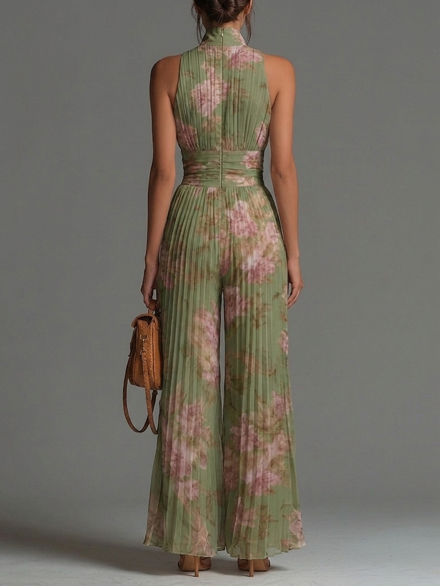 Robe à imprimé floral vert avec décolleté en V, sans manches, avec fermeture éclair et plis, jambe large