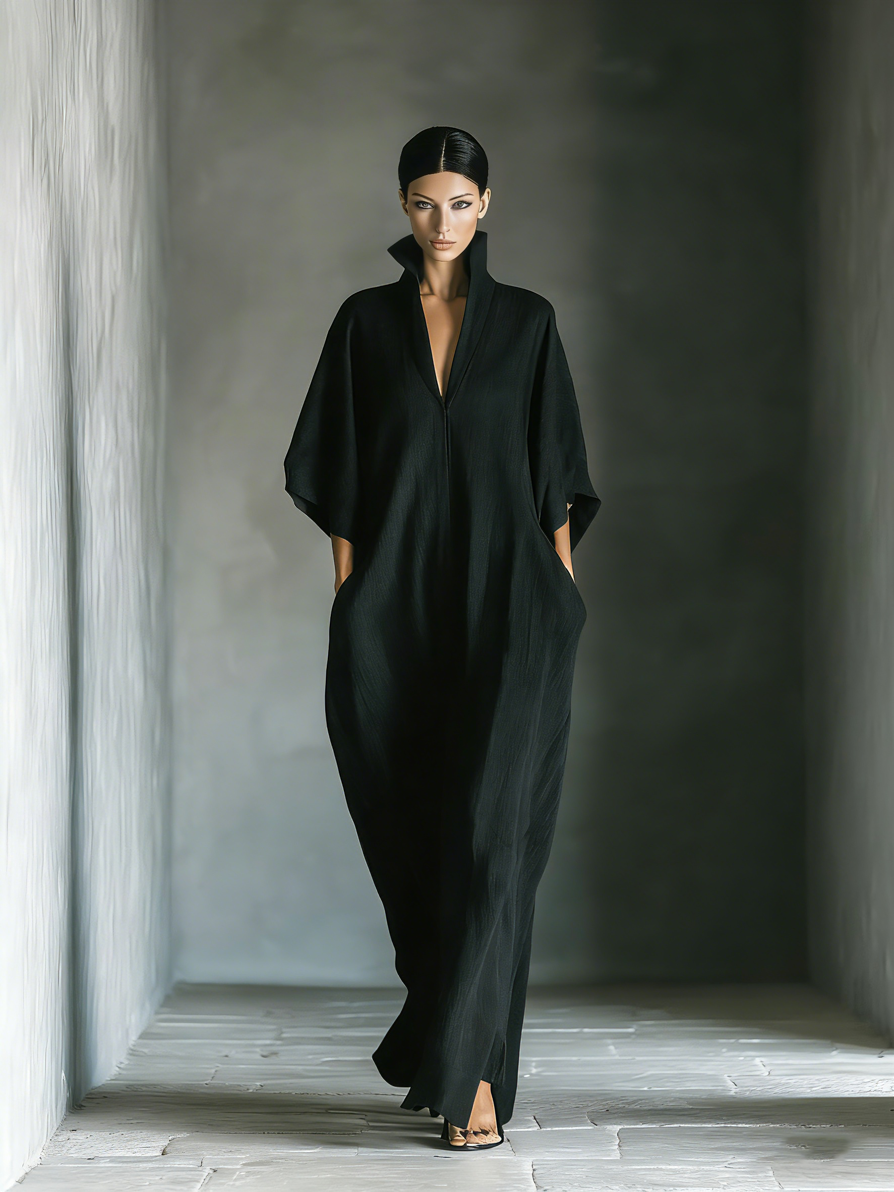 Robe maxi à manches kimono larges pour femmes en coton noir avec poches MDZ0577A3T