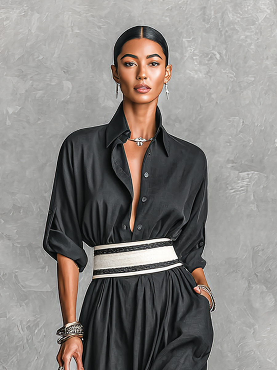 Robe maxi pour femmes en tissu de copolyester imitation avec col chemise, un bouton, manches longues MDA2258G6Y