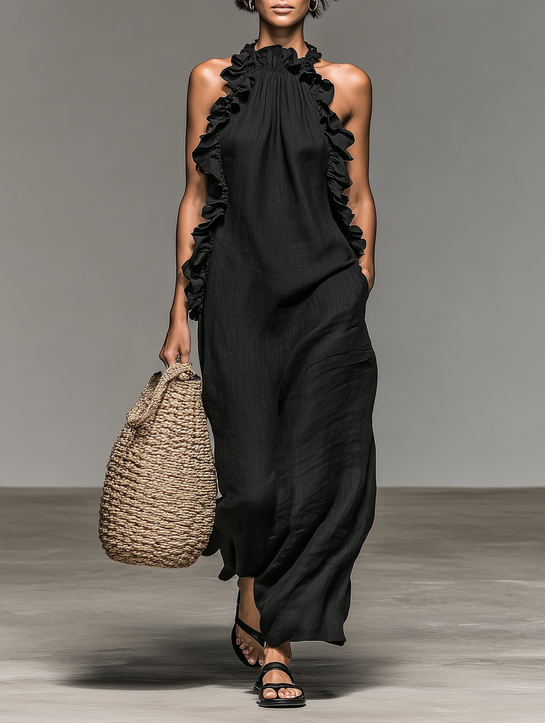 Robe maxi sans manches au design minimaliste en lin MDZ1622A0Y