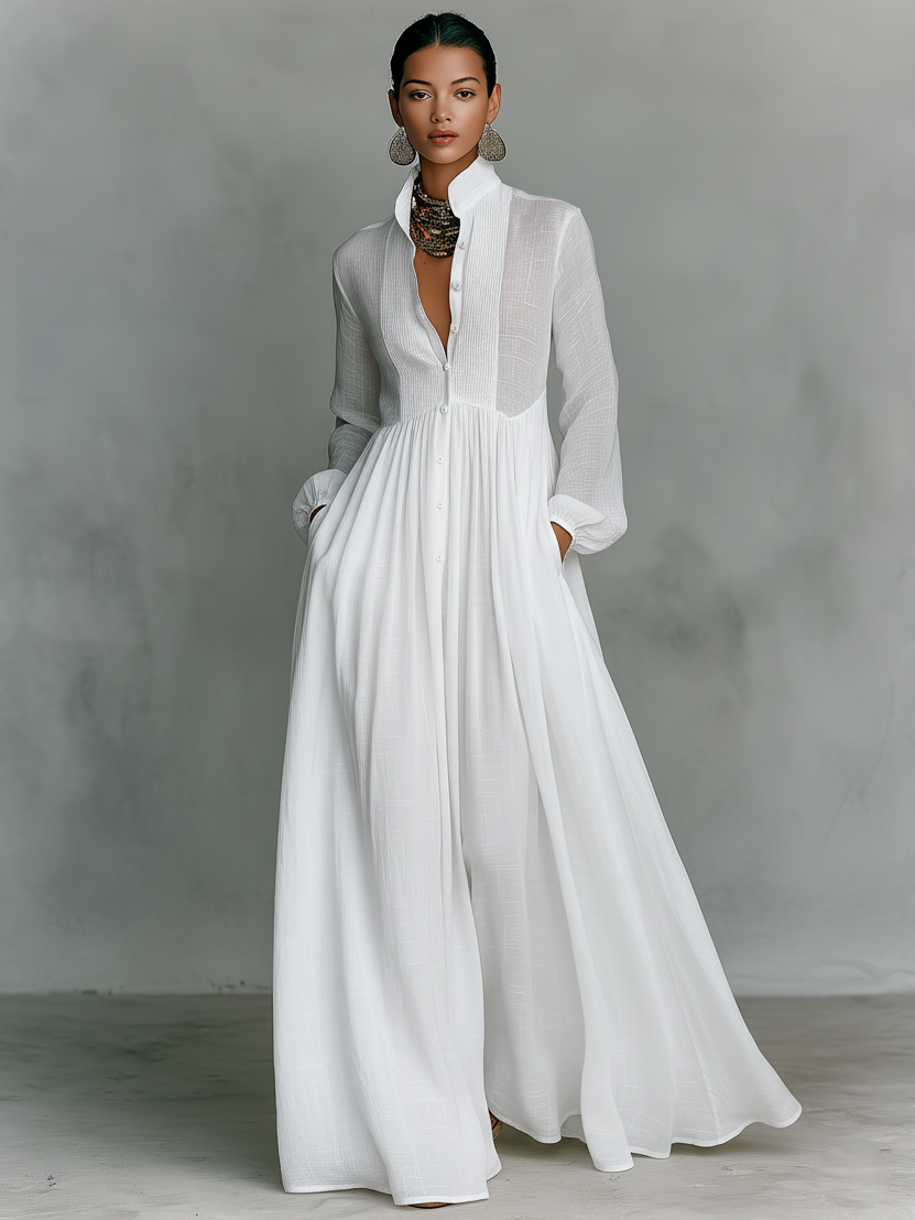 Robe maxi minimaliste pour femmes en tissu coton et blanc avec patchwork, avec un bouton, col montant et manches longues MDA0658K6Y