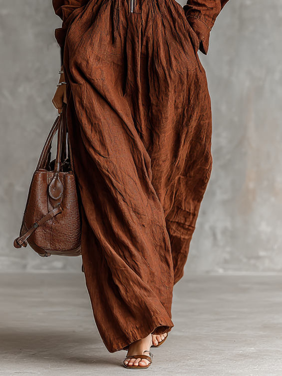 Robes maxi femmes en coton et lin avec fermeture éclair et col à revers élastique MDA1964H8Y