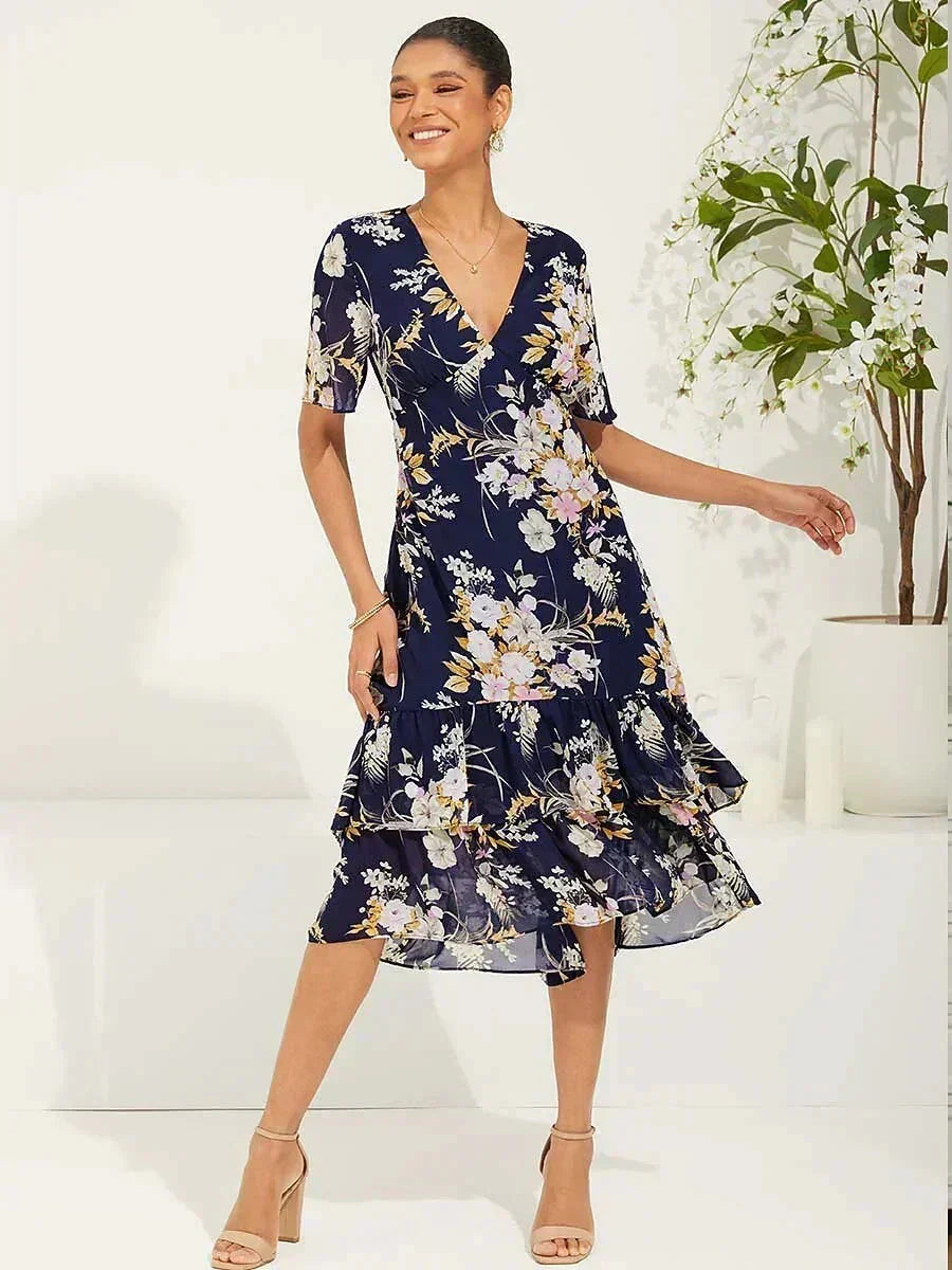 Robe midi en chiffon à fleurs avec décolleté en V et zips