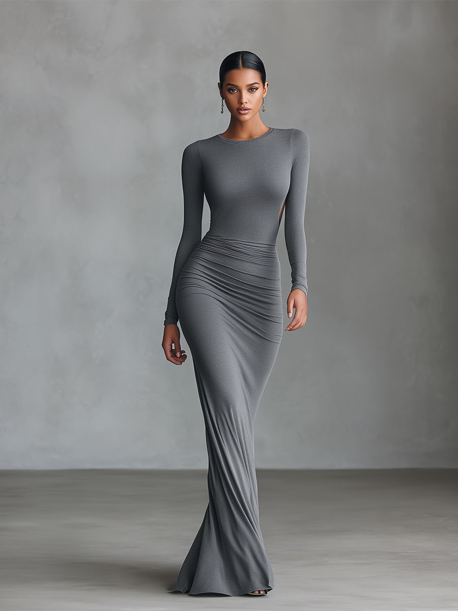 Robe maxi femme élégante grise en taille ajustée - mélange de polyester-coton avec dos ouvert MDA2860H8I