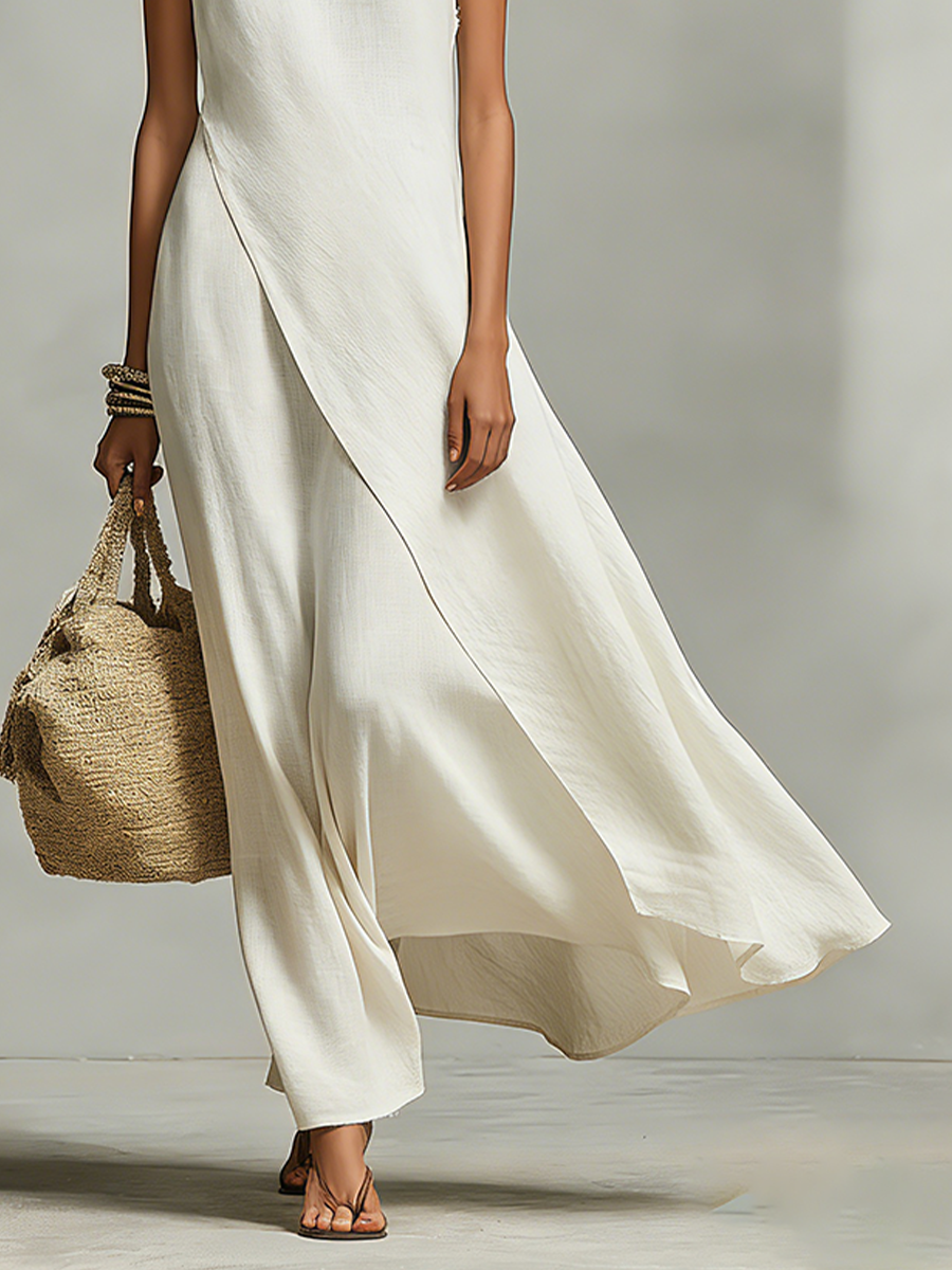 Robe femme en lin respirant couleur ivoire avec détails sans manches et ourlet asymétrique, robe au style moderne décontracté-féminin MDZ0408C2I