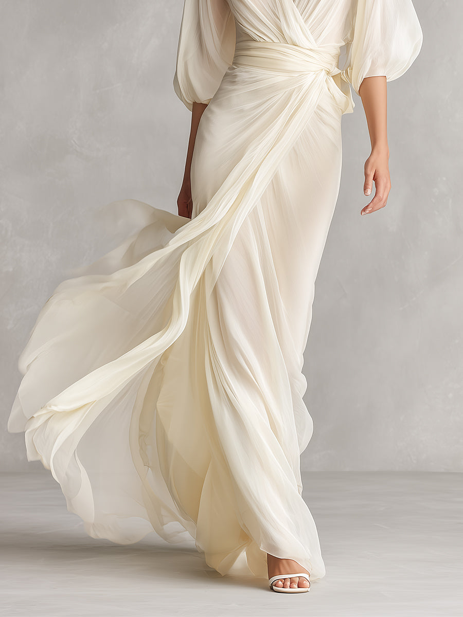 Robe en chiffon transparent couleur ivoire pour femmes avec manches bouffantes et détails de drapé, robe romantique-luxueuse classique MDZ0932A1I