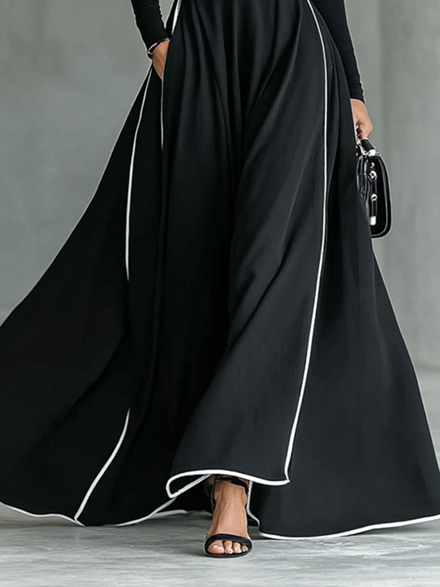 Robe maxi noire pour femmes avec coutures blanches, col haut, manches longues, ceinture ajustée MDA1031G0Y