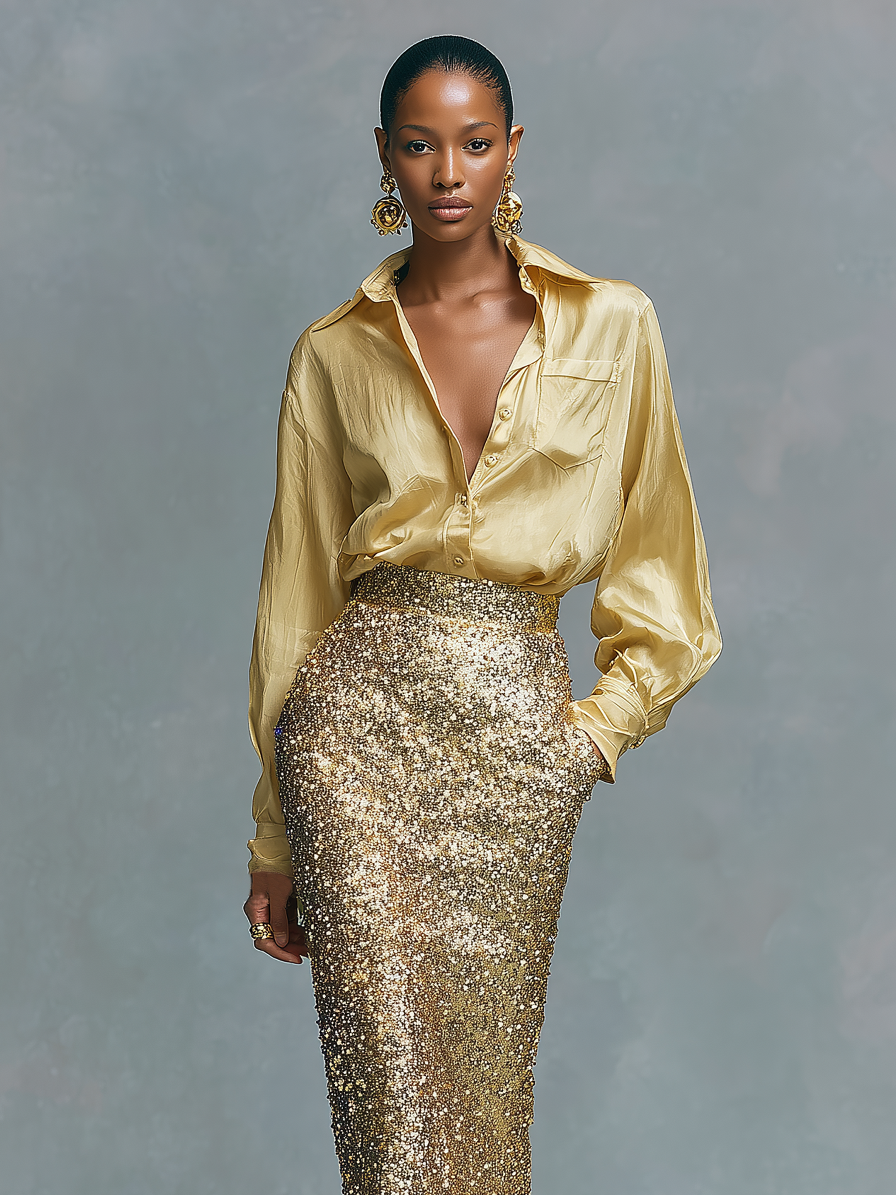 Ensemble de chemise pour femmes à manches longues et jupe crayon avec paillettes MDA2431K6Y