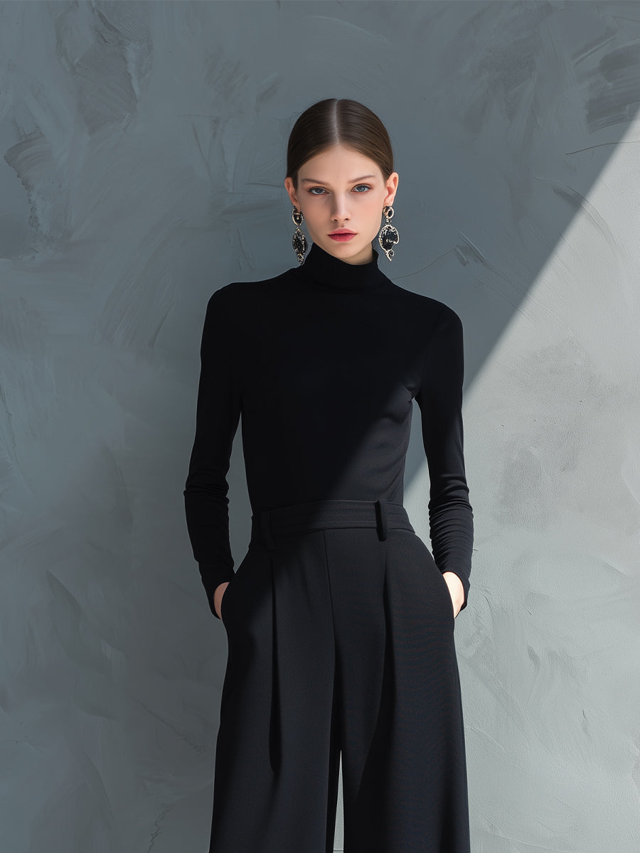 Combinaison en jersey classique pour femmes en noir avec col montant et jambes larges - MDA2133J5I