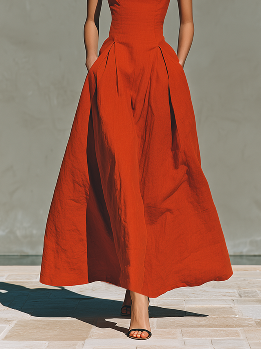Robes maxi femmes rouges en lin avec col halter et jupe plissée, robe de vacances élégante et inspirante MDZ2016C7I