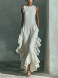 Robe maxi sans manches en lin couleur ivoire avec col rond et franges MDZ0973B9T