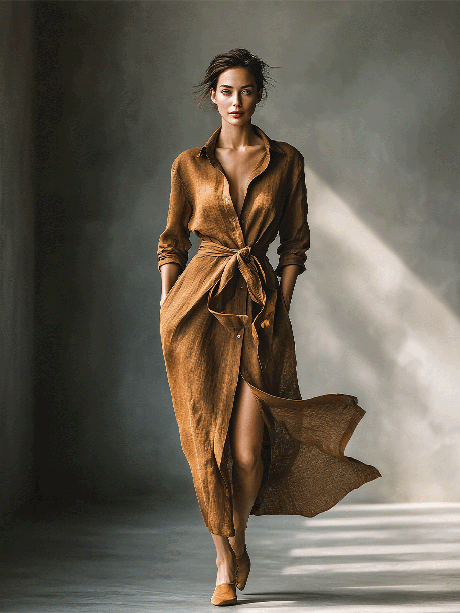 Robe Maxi Chemise Marron Vintage pour Femmes MDA2898G6I