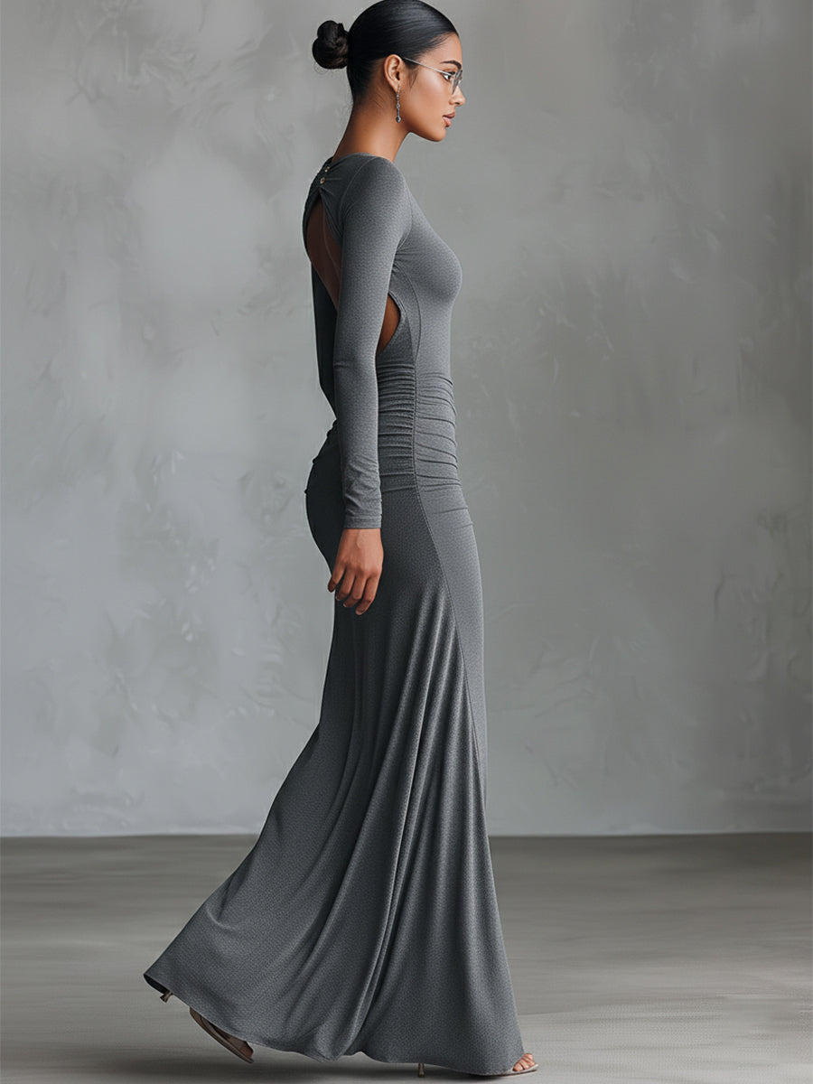 Robe maxi femme élégante grise en taille ajustée - mélange de polyester-coton avec dos ouvert MDA2860H8I