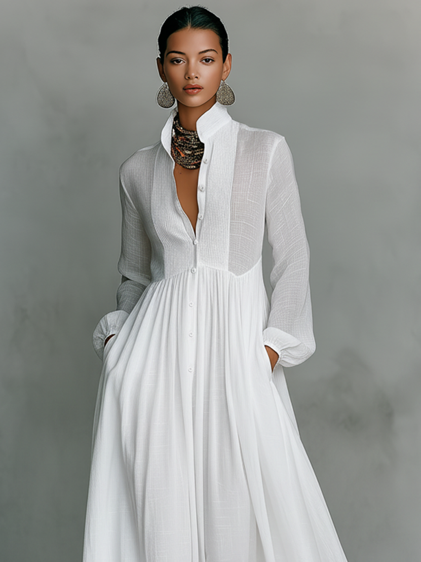 Robe maxi minimaliste pour femmes en tissu coton et blanc avec patchwork, avec un bouton, col montant et manches longues MDA0658K6Y