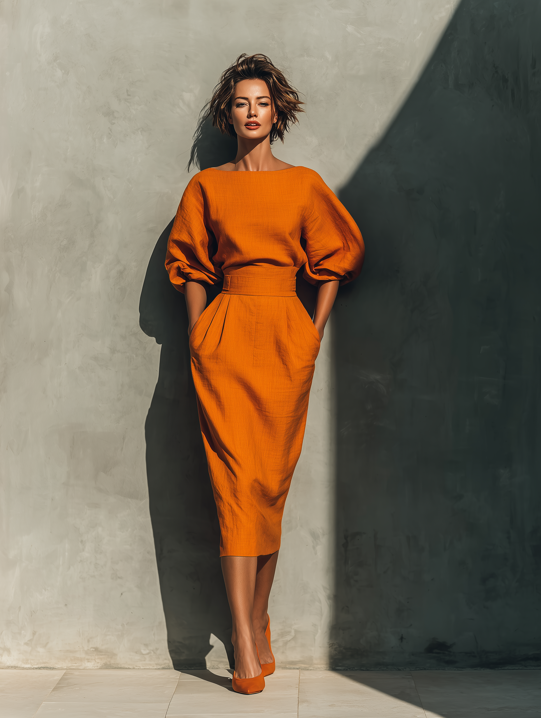 Ensemble top à manches mi-longues et jupe midi pour femmes en couleur orange