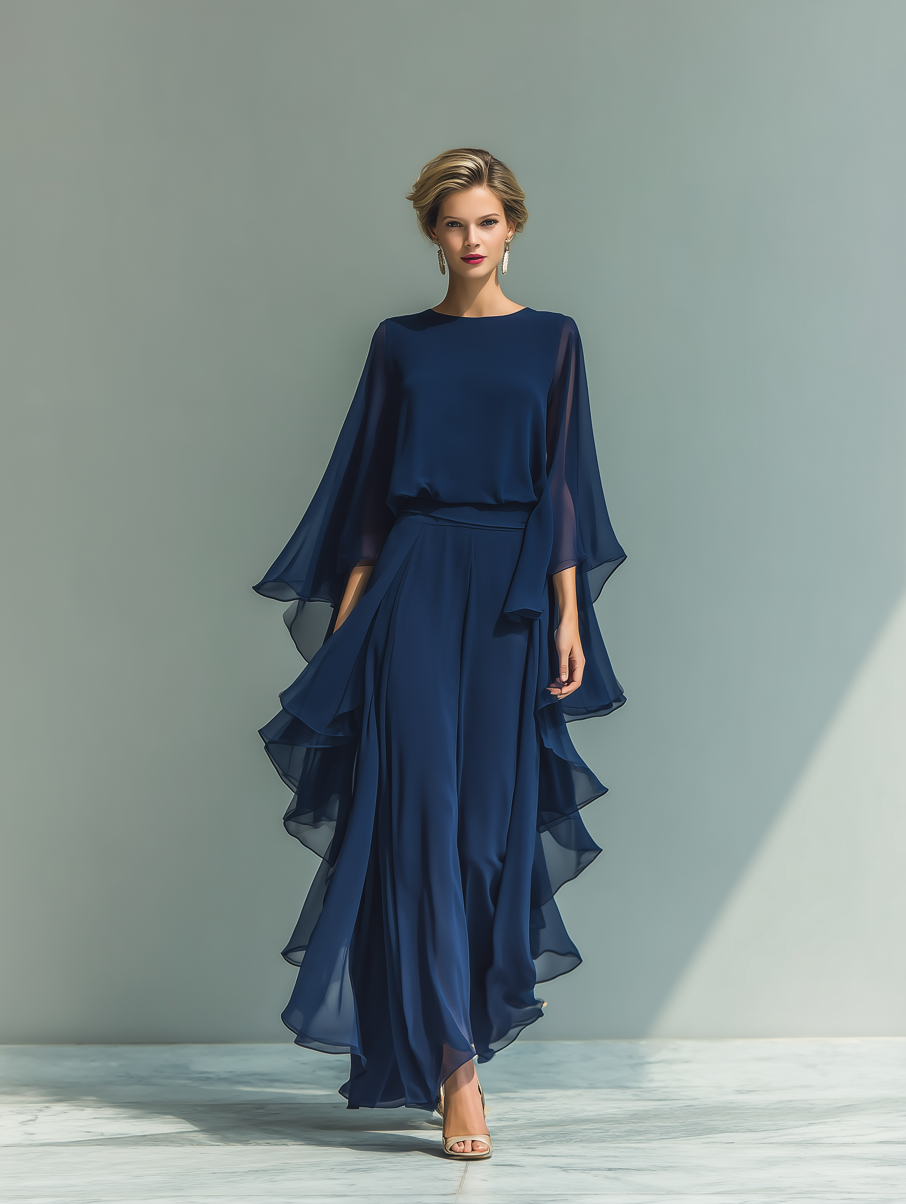 Chemisier en chiffon pour femmes en bleu Navy avec des manches évasées et un pantalon droit avec des détails plissés MDZ2218A5T