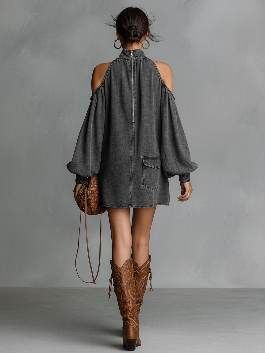 Robe mini en denim lavé pour femmes avec épaules dénudées MDA1791L3Y