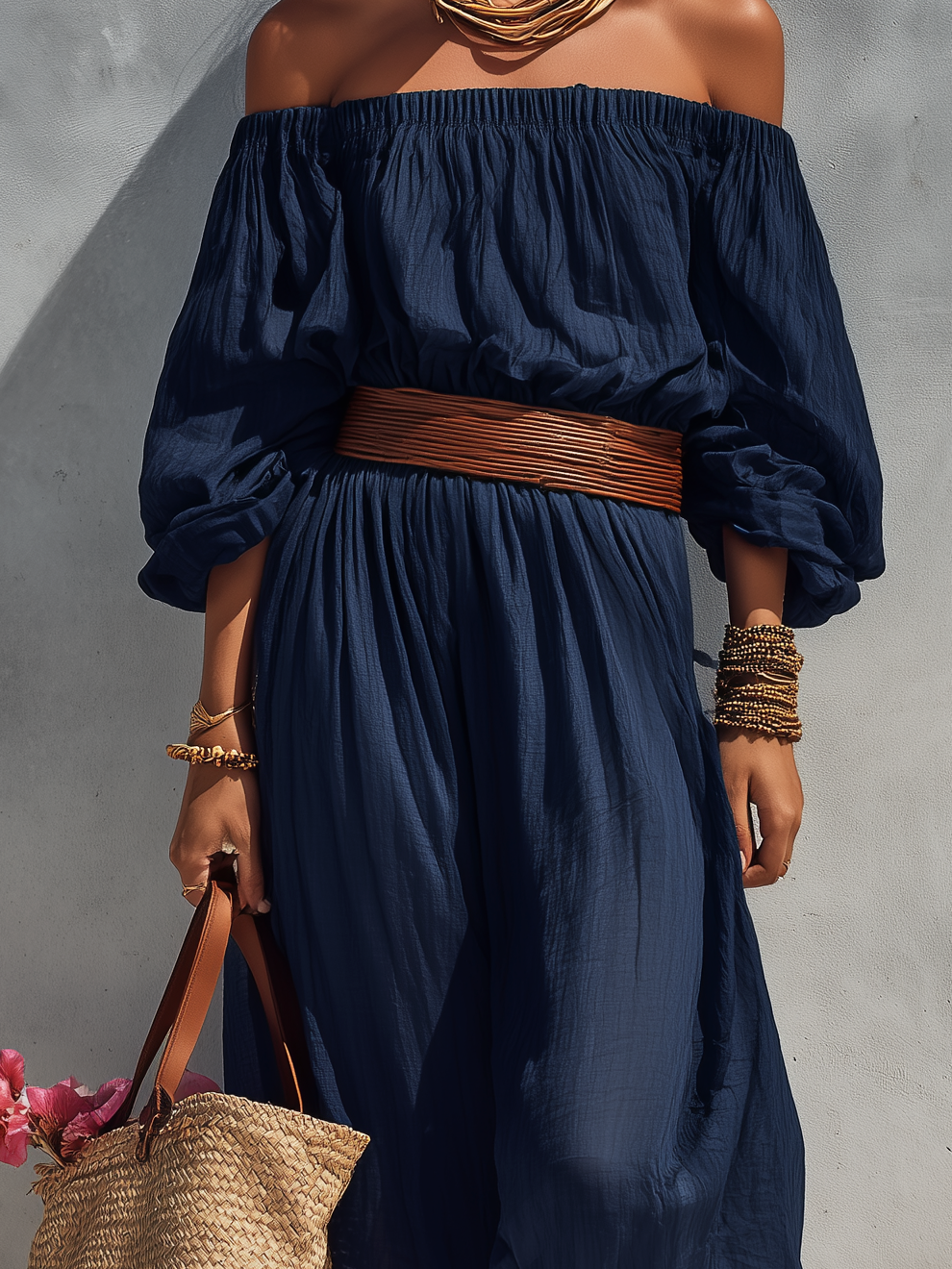 Robe d'été pour femmes en bleu marine en coton et lin sans bretelles avec manches longues (ceinture non incluse) MDZ1281C1AN
