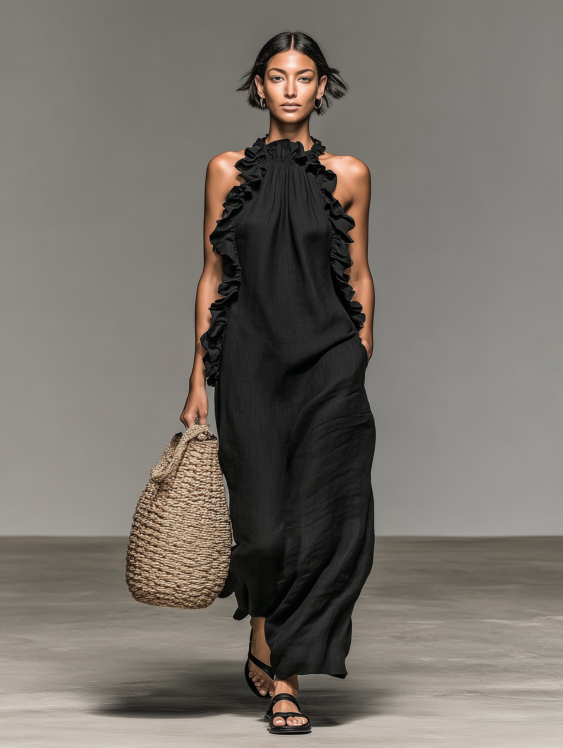 Robes maxi sans manches en lin minimaliste avec des détails en dentelle