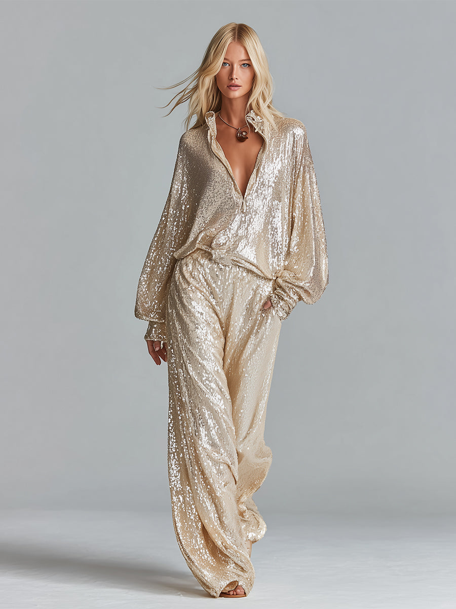 Ensemble de lingerie de fête pour femmes avec col et sequins dorés brillants - demi-zip et jambes larges MDA2425I0I