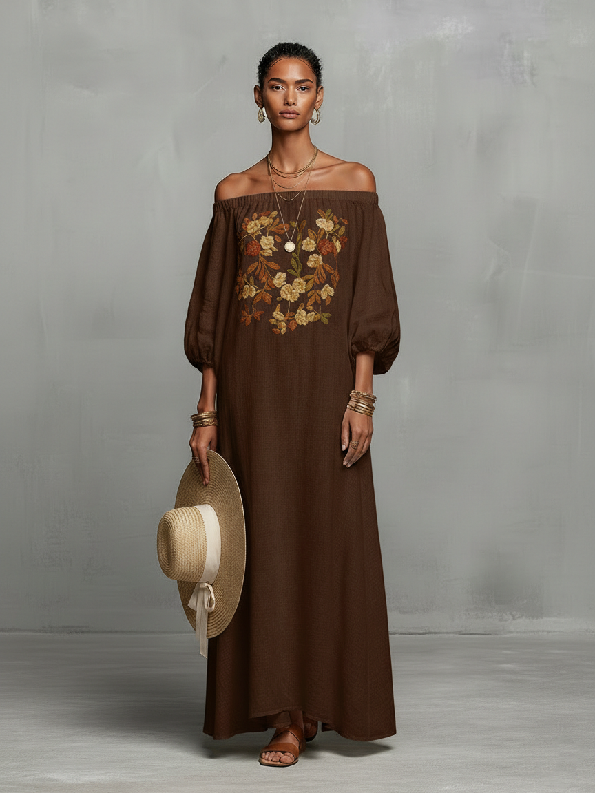 Robe maxi brodée pour femmes au look minimaliste avec des manches trois-quarts et sans bretelles MDZ3063A3Y