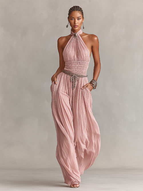Body pour femmes en couleur blush avec col montant et taille froncée, style romantique-élegant intemporel (sans ceinture) MDZ1133B7I