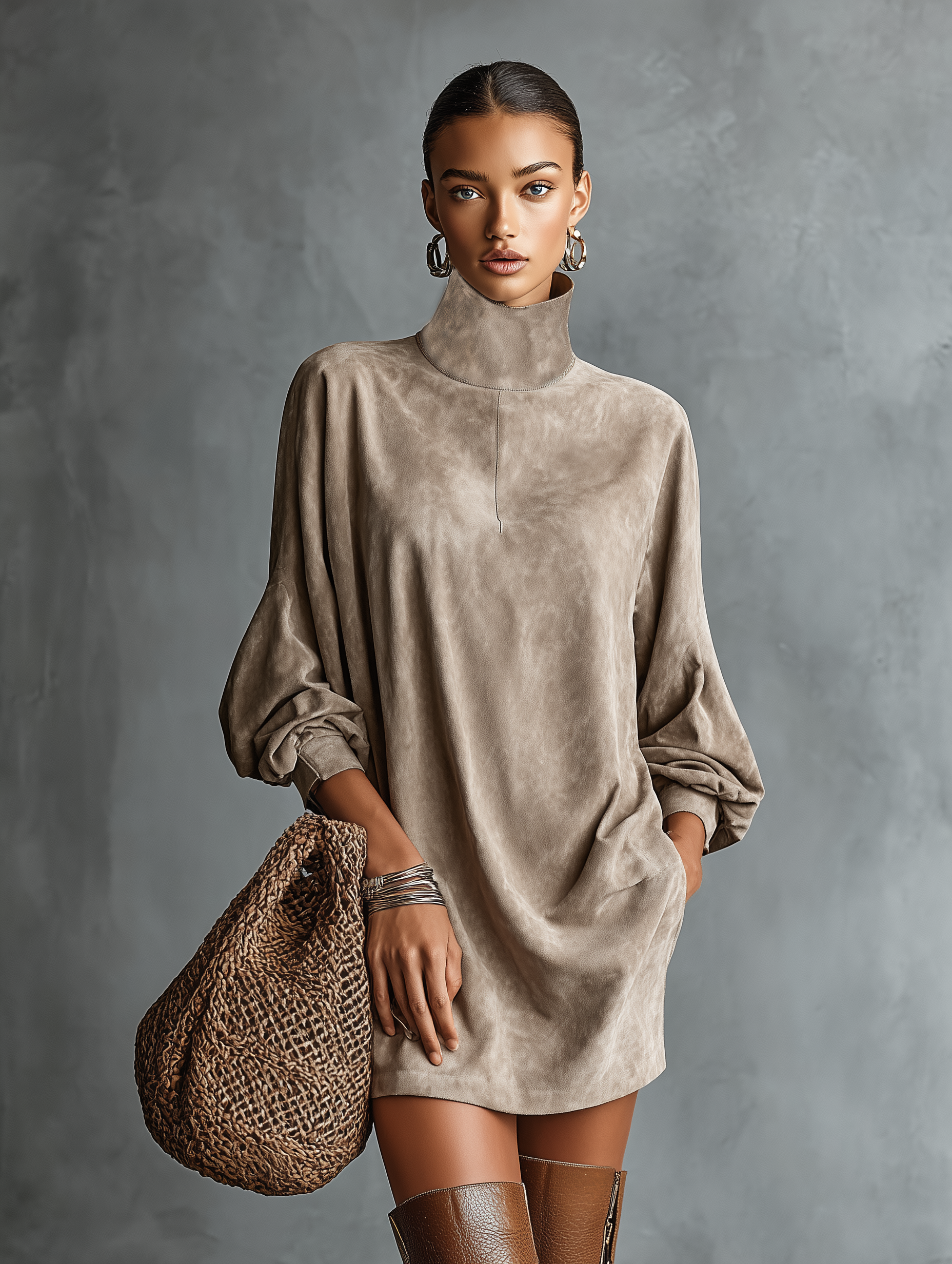 Robe mini pour femmes au design minimaliste, avec une coupe ample, en simili daim, avec col montant MDA2423K1Y