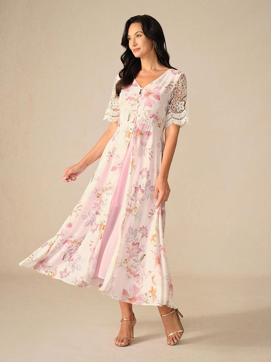 Robe A-Line en chiffon fleuri avec manches en dentelle
