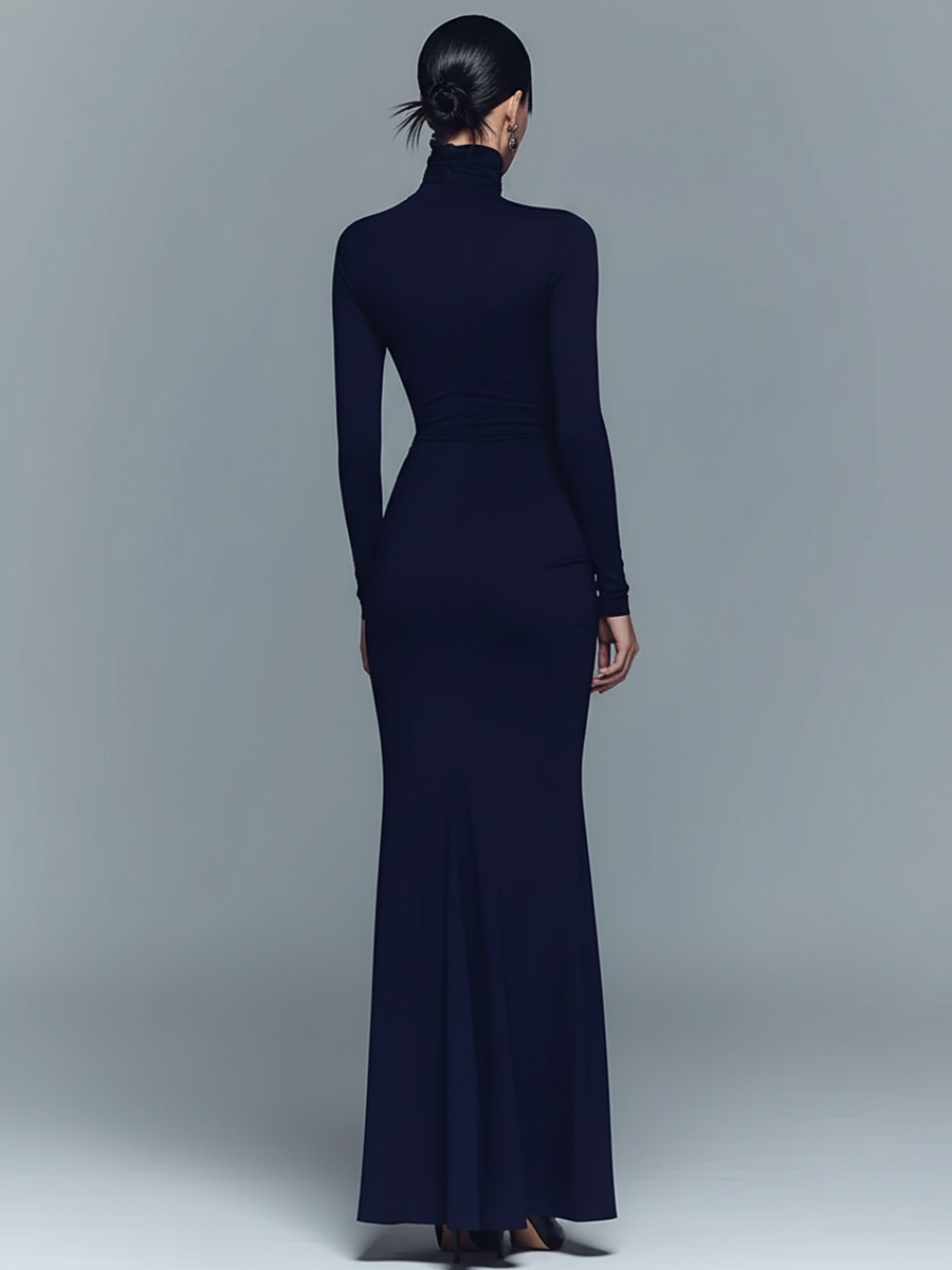 Robe maxi pour femmes en couleur marine, élégante en polyester-coton avec col montant MDA1742J1I