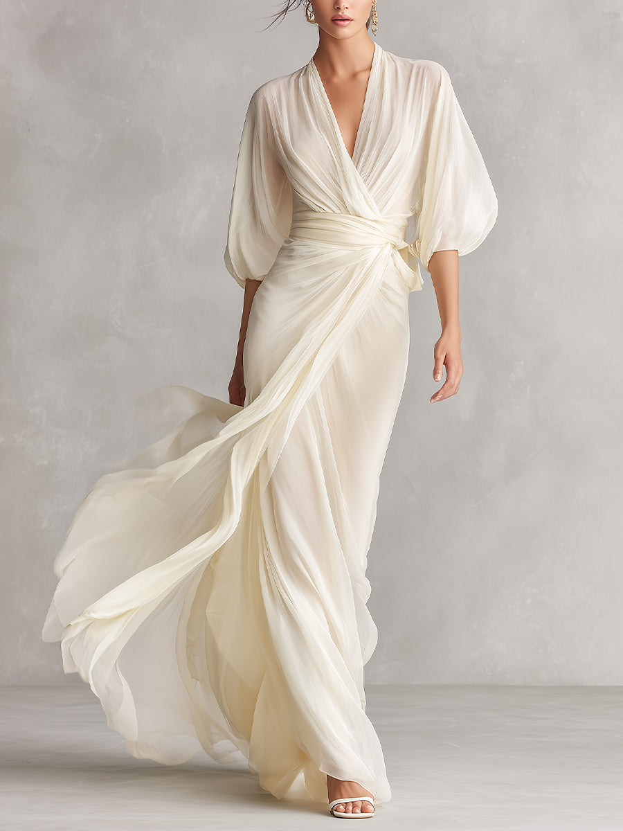 Robe en chiffon transparent couleur ivoire pour femmes avec manches bouffantes et détails de drapé, robe romantique-luxueuse classique MDZ0932A1I