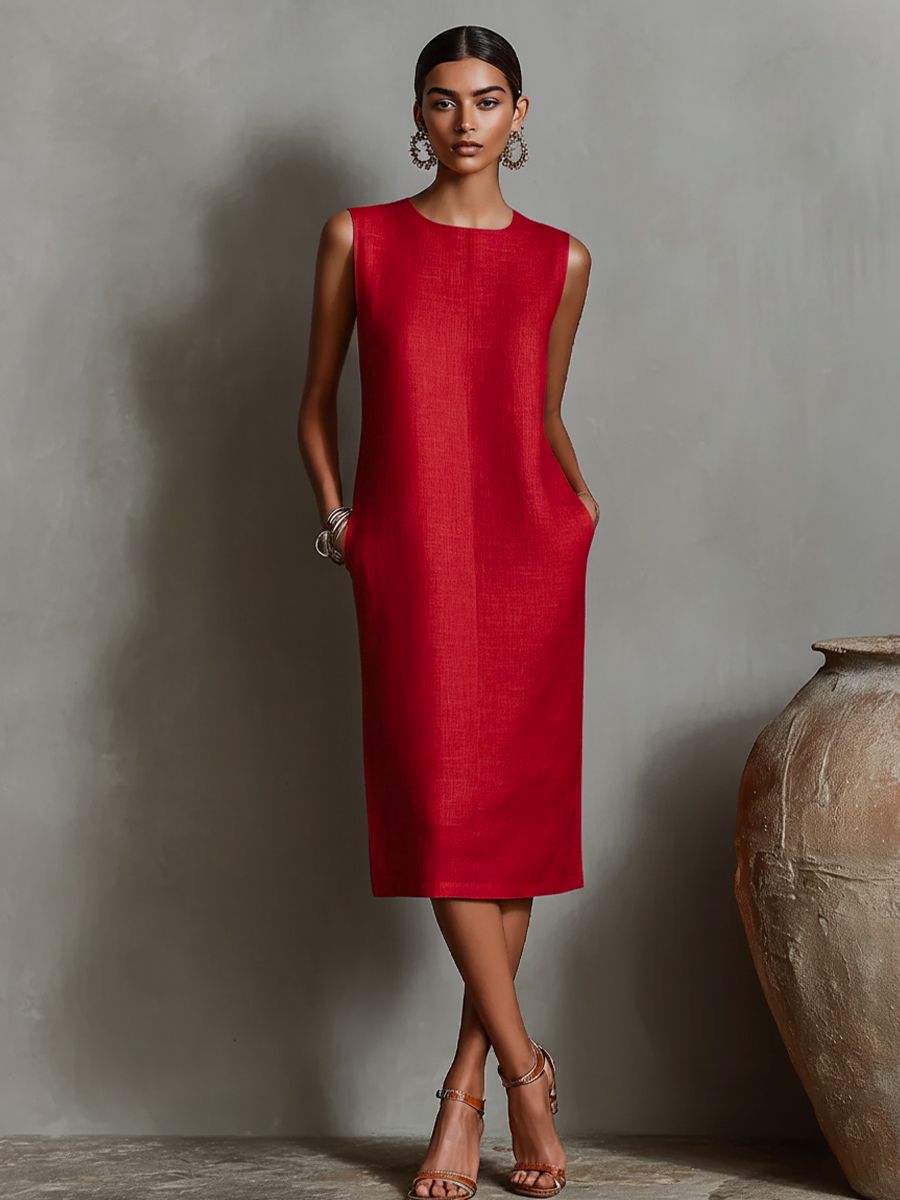 Robe en lin orange pour femmes avec col rond sans manches et poches latérales, style minimaliste-élégant intemporel MDZ2851C7I