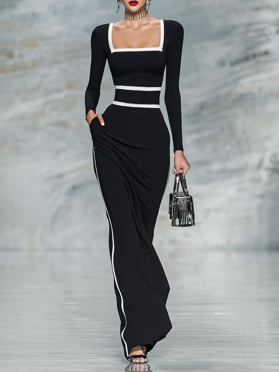 Robe maxi ajustée avec col carré et manches longues en noir et blanc MDA1698G8Y