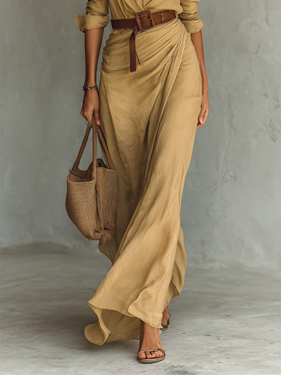 Robes maxi pour femmes avec col, à manches longues et fermeture à couture