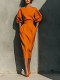Ensemble top à manches moyennes et jupe midi pour femmes en orange MDA2511G6T
