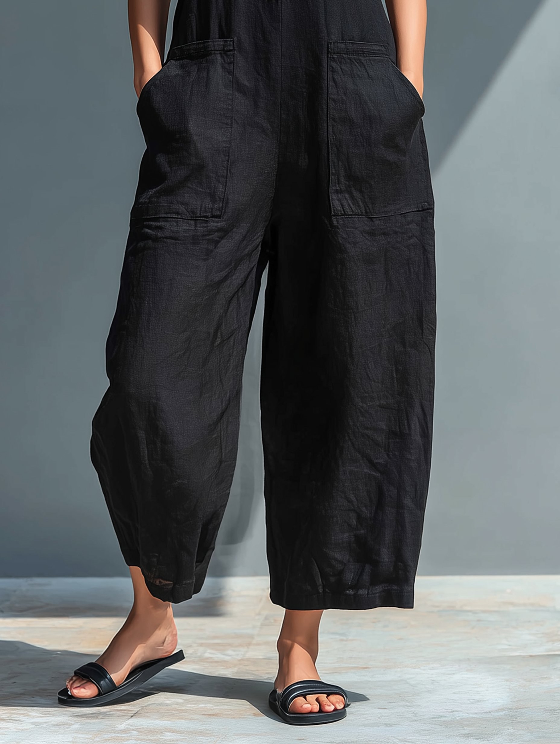 Ensemble femme minimaliste en lin avec boutons, col rigide, sans manches, ample MDZ2725A5Y